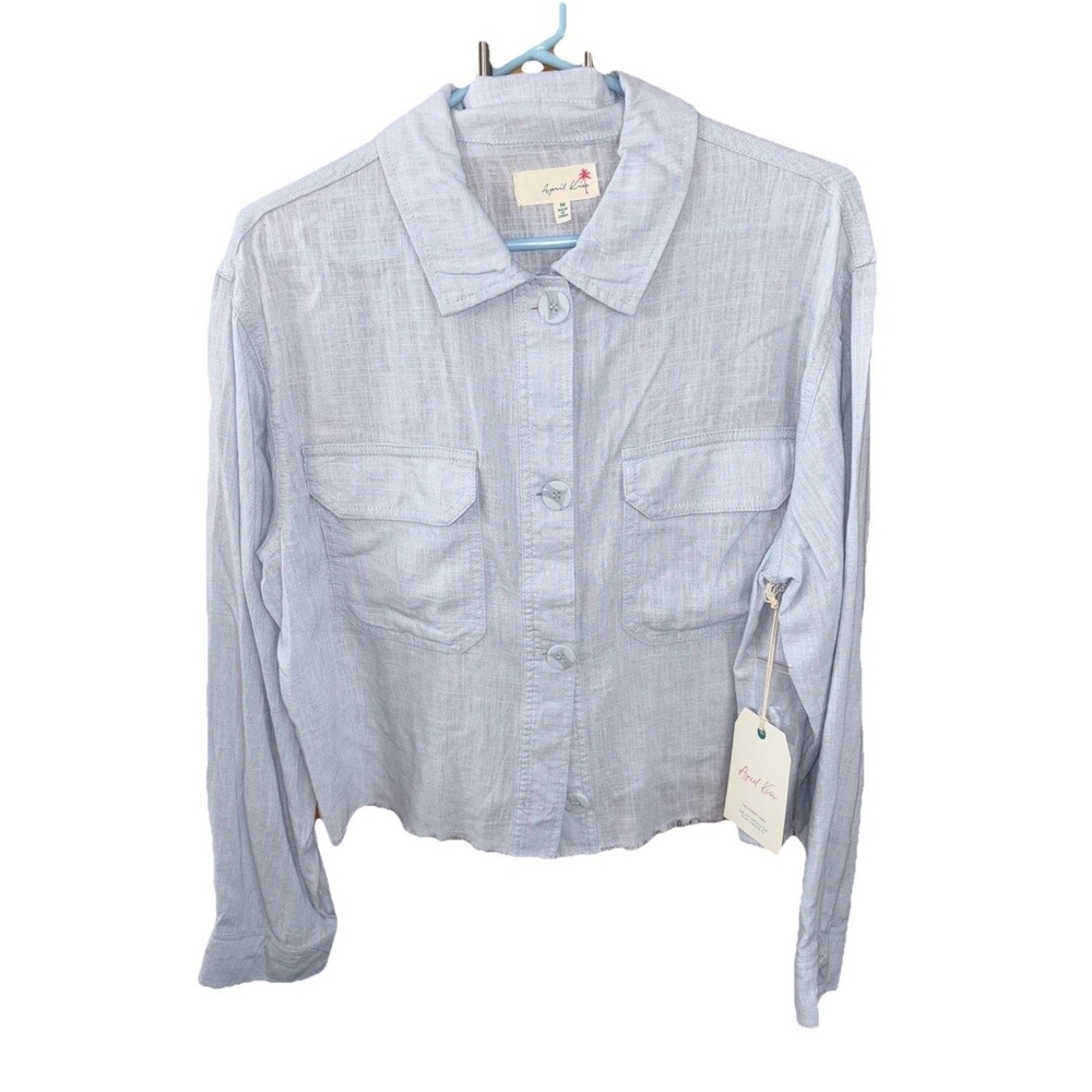 April Kiss Linen Blend Long Sleeve Crop Shirt Pockets Women Blue New M Raw Hem